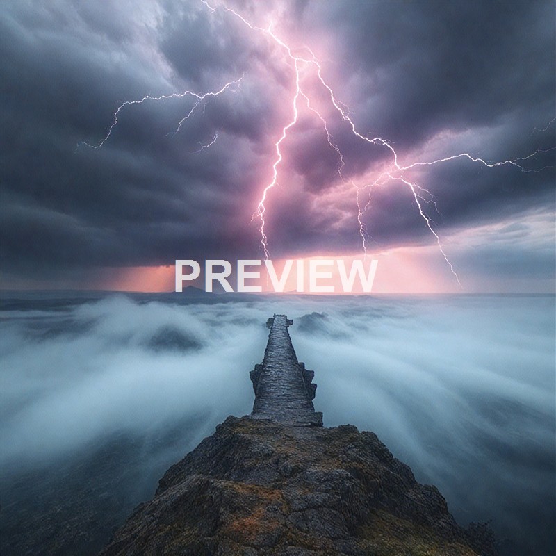 A stormy scene featuring a pier extending into a sea of clouds with lightning striking the sky amidst dark, stormy clouds.